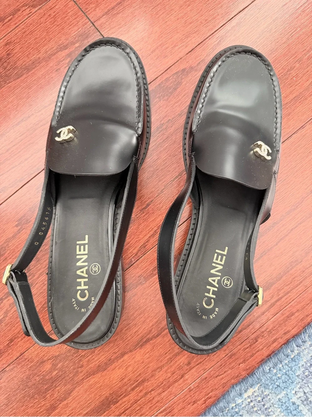CHANEL Black Leather Slingback Loafers with Gold CC Hardware 41